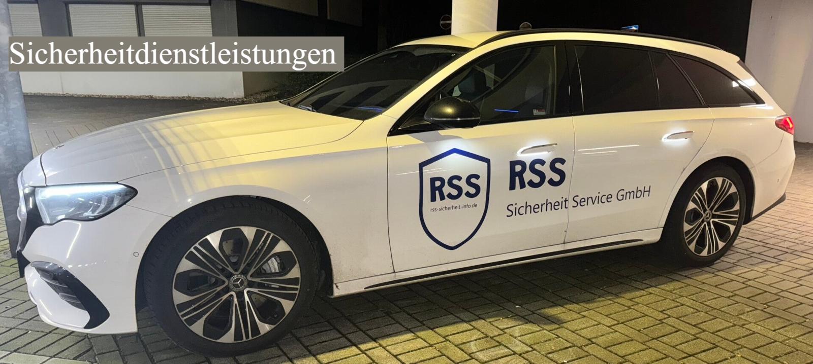 Beschriftetes Dienstfahrzeug Mercedes E-Klasse der RSS Sicherheit Service GmbH